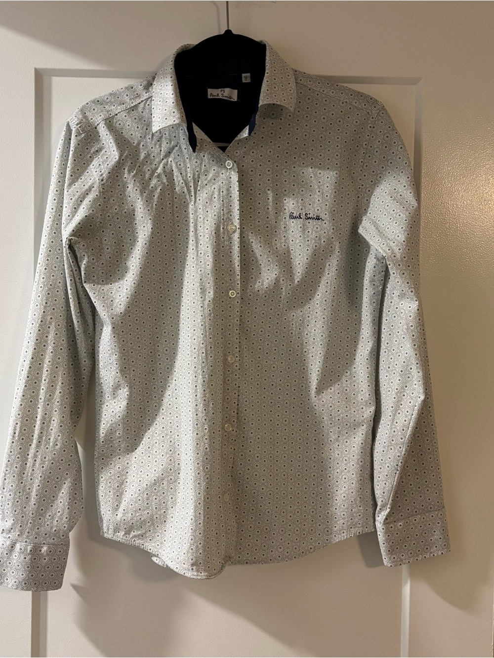 Paul Smith PS Women’s Button Down Shirt White Blue Geometric Print Slim Fit